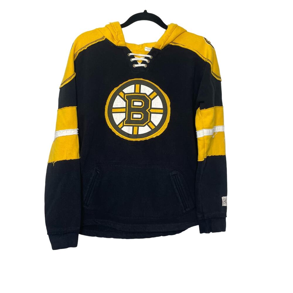 Boston Bruins NHL Ice Hockey Team Graphic Hoodie Lace Up Black Yellow Distress